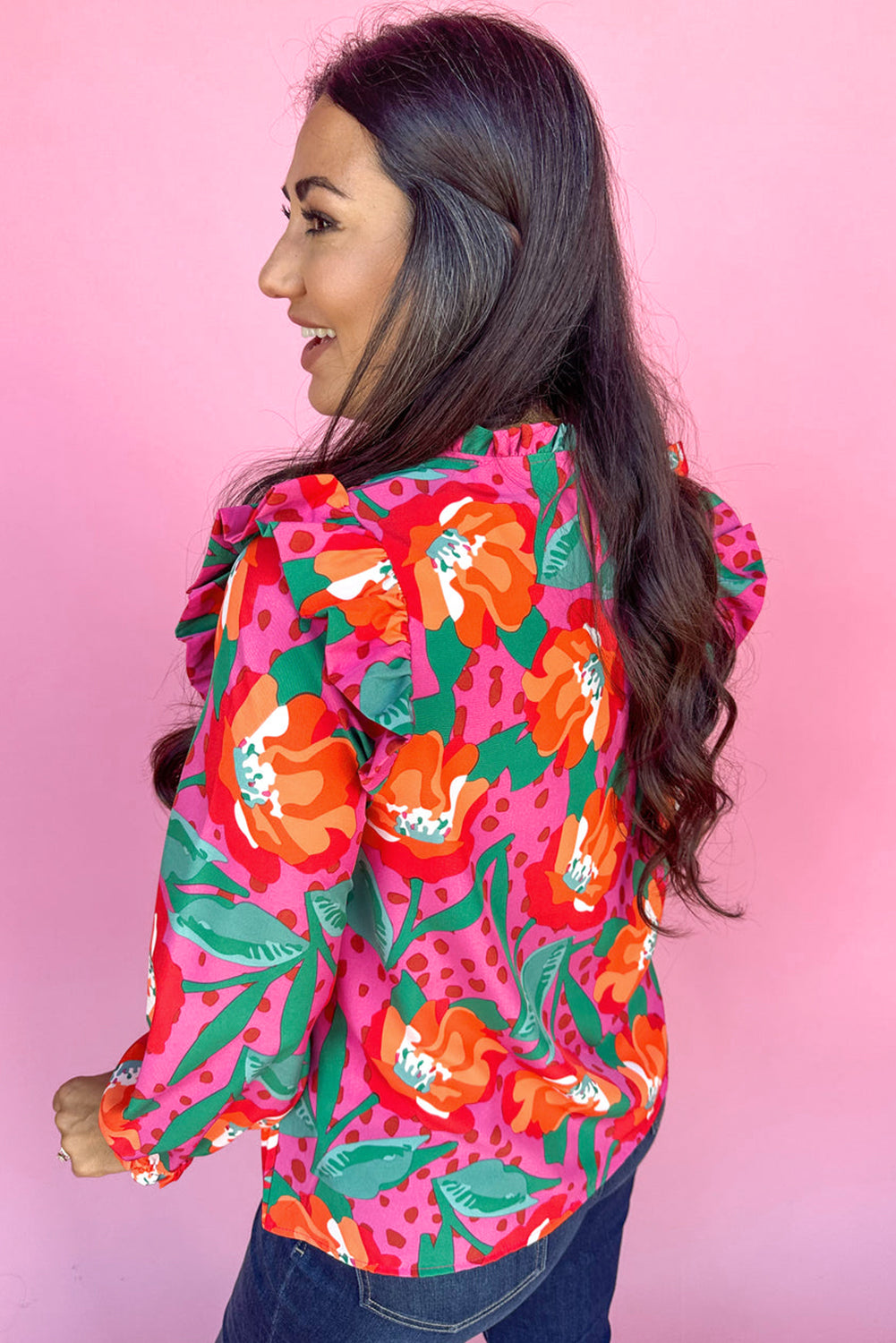 Rose Floral Print Plus Size Blouse