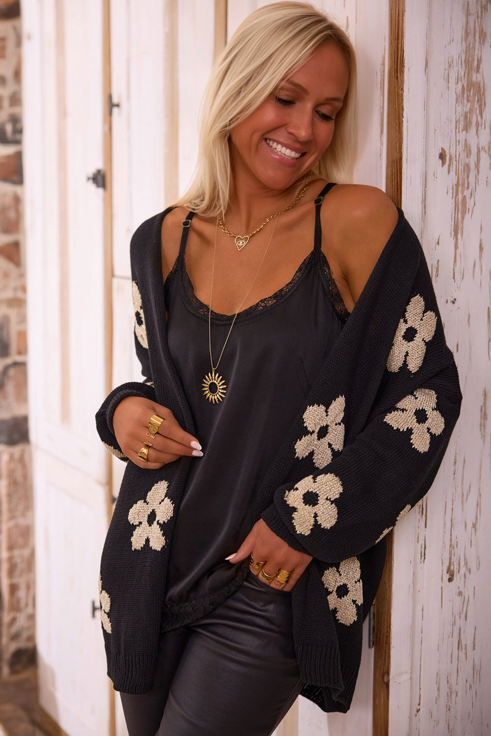 Black Floral Print Knitted Cardigan
