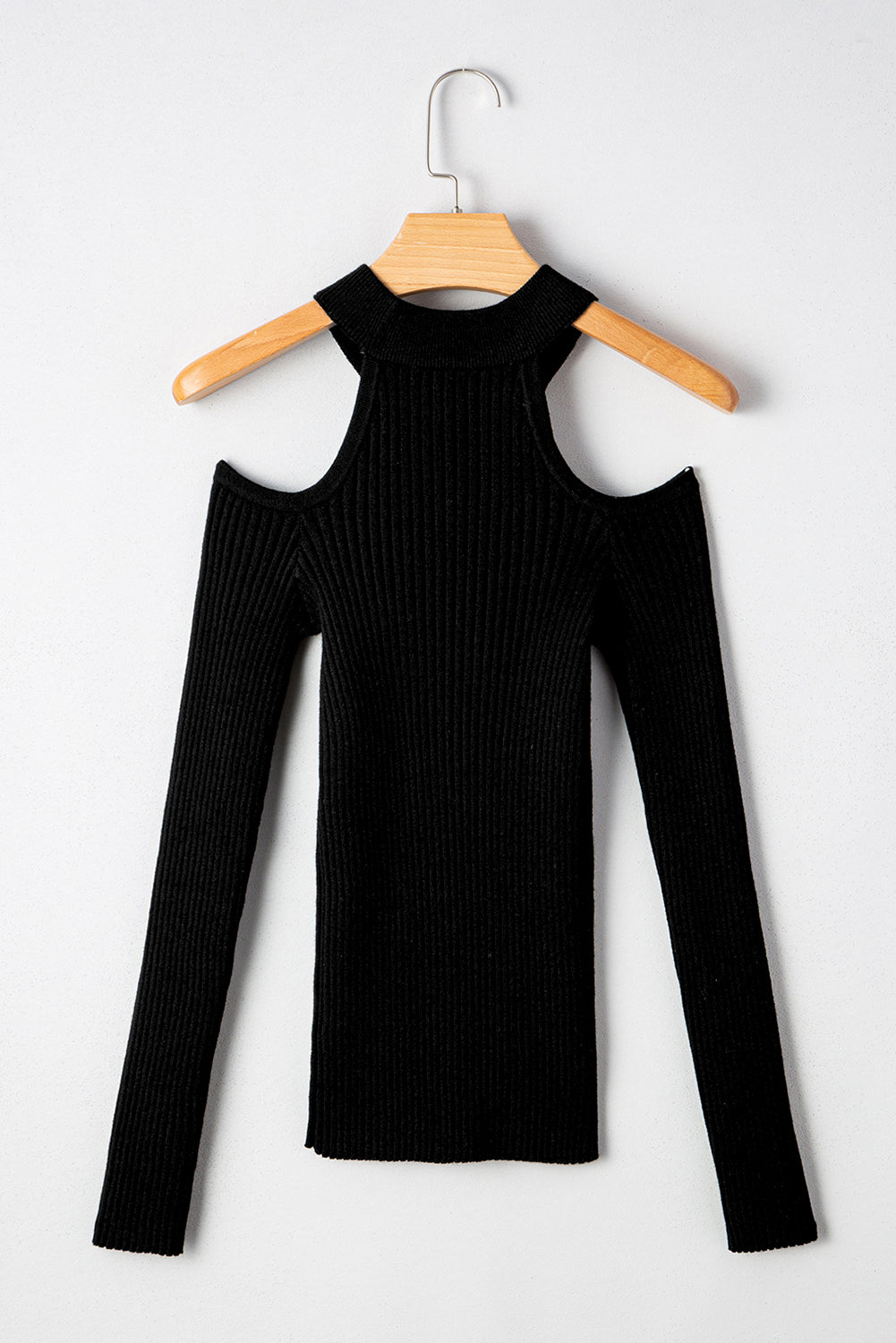 Black Ribbed Cold Shoulder Sweater