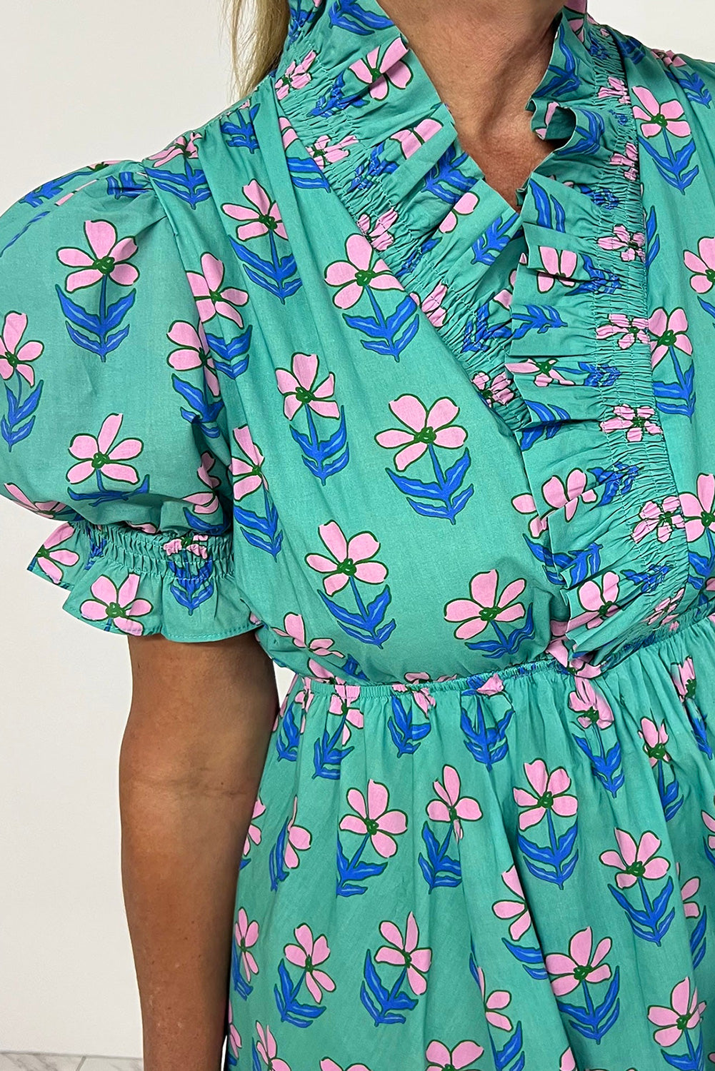Green Floral Frill High Waist Mini Dress