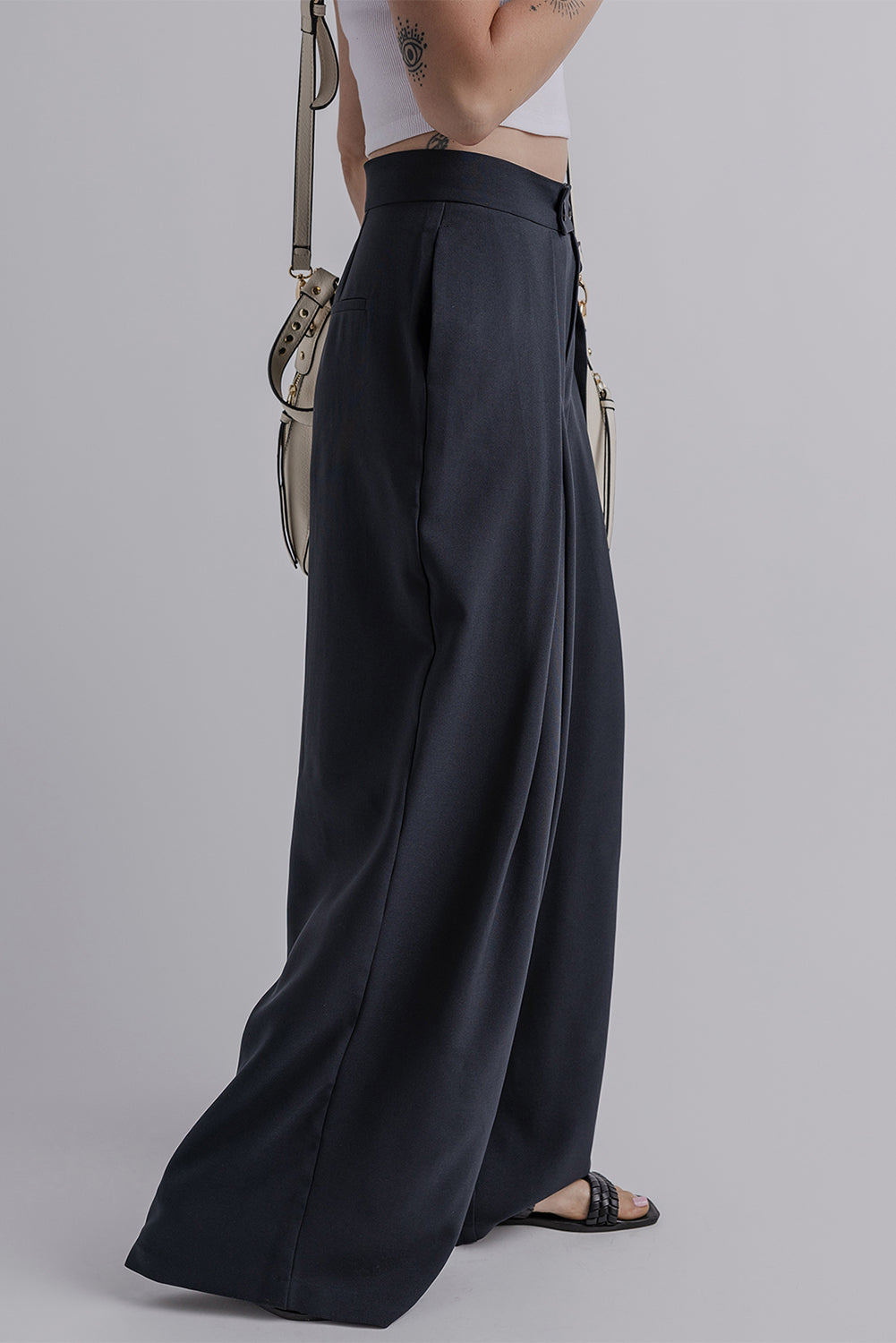 Navy Blue High Waist Pleated Wide Leg Pants
