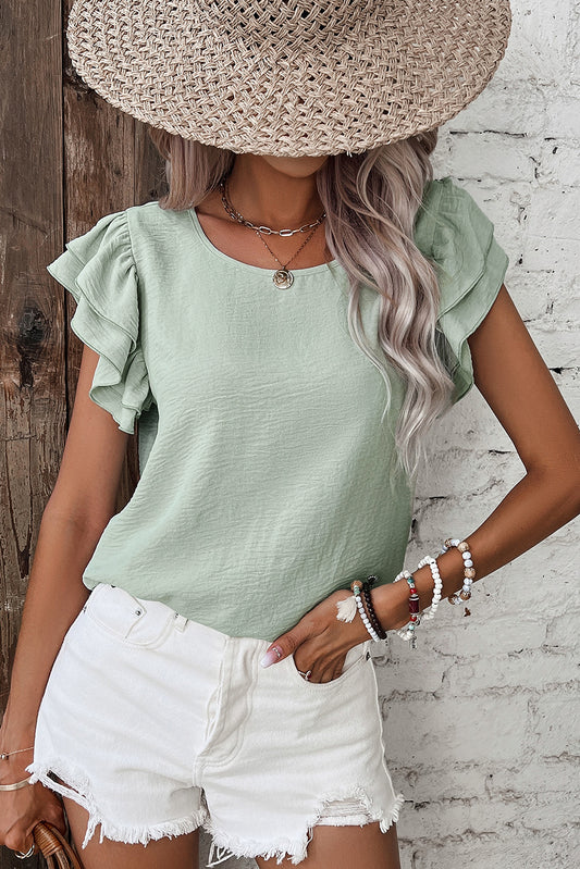 Sage Ruffled Short Sleeve Blouse