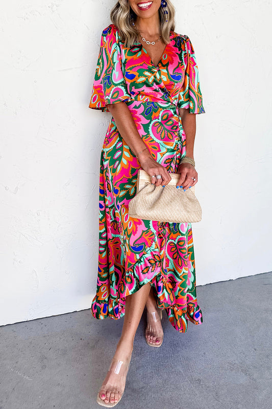 Rose Summer Print Ruffled Asymmetric Maxi Dress
