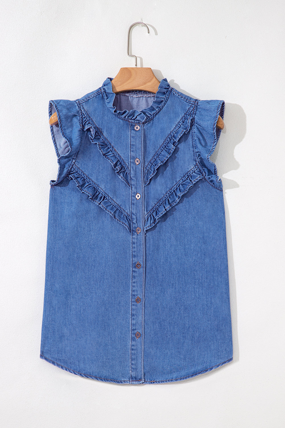 Blue Frilled Button Up Denim Shirt