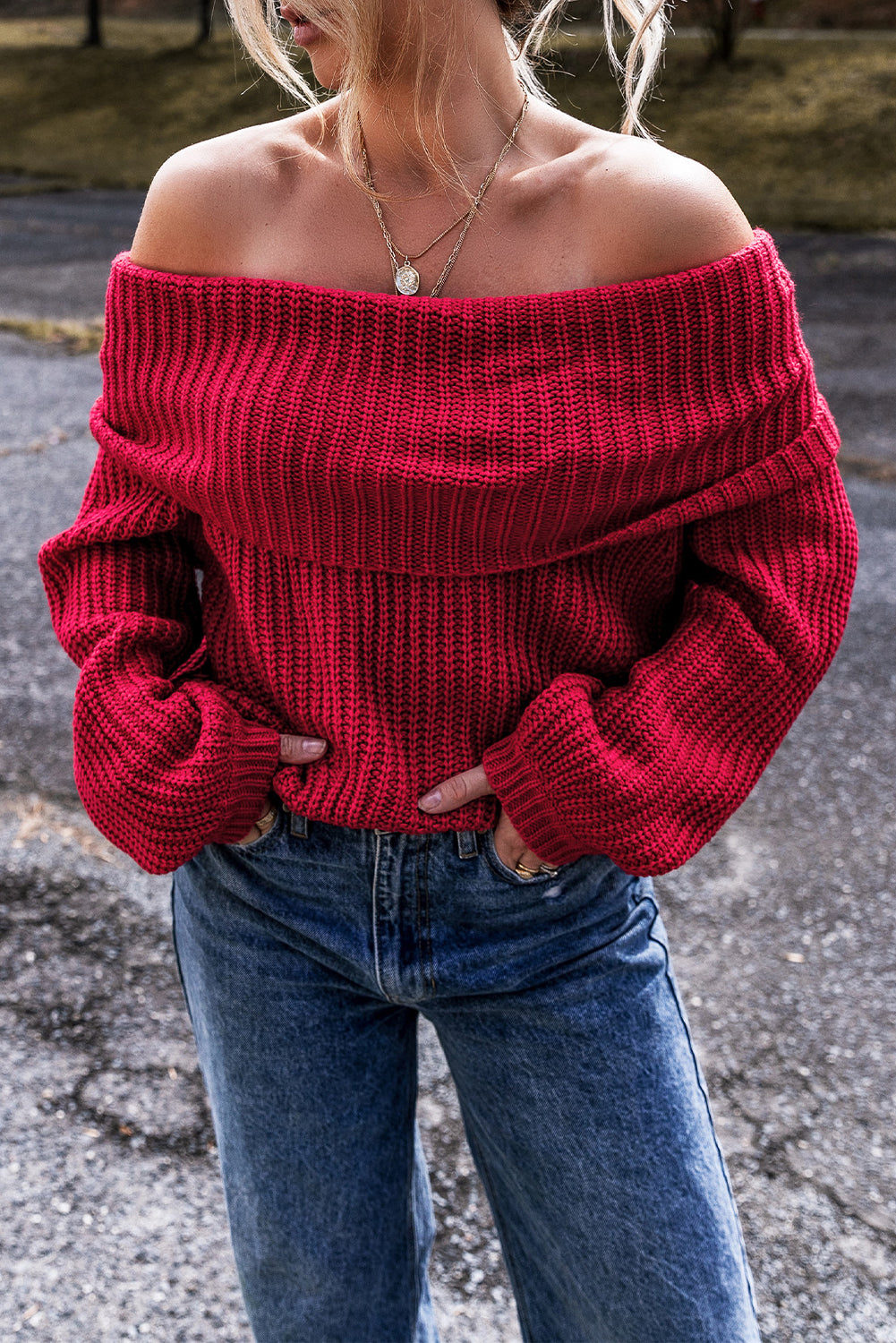 Red Off-the-shoulder Knit Jersey