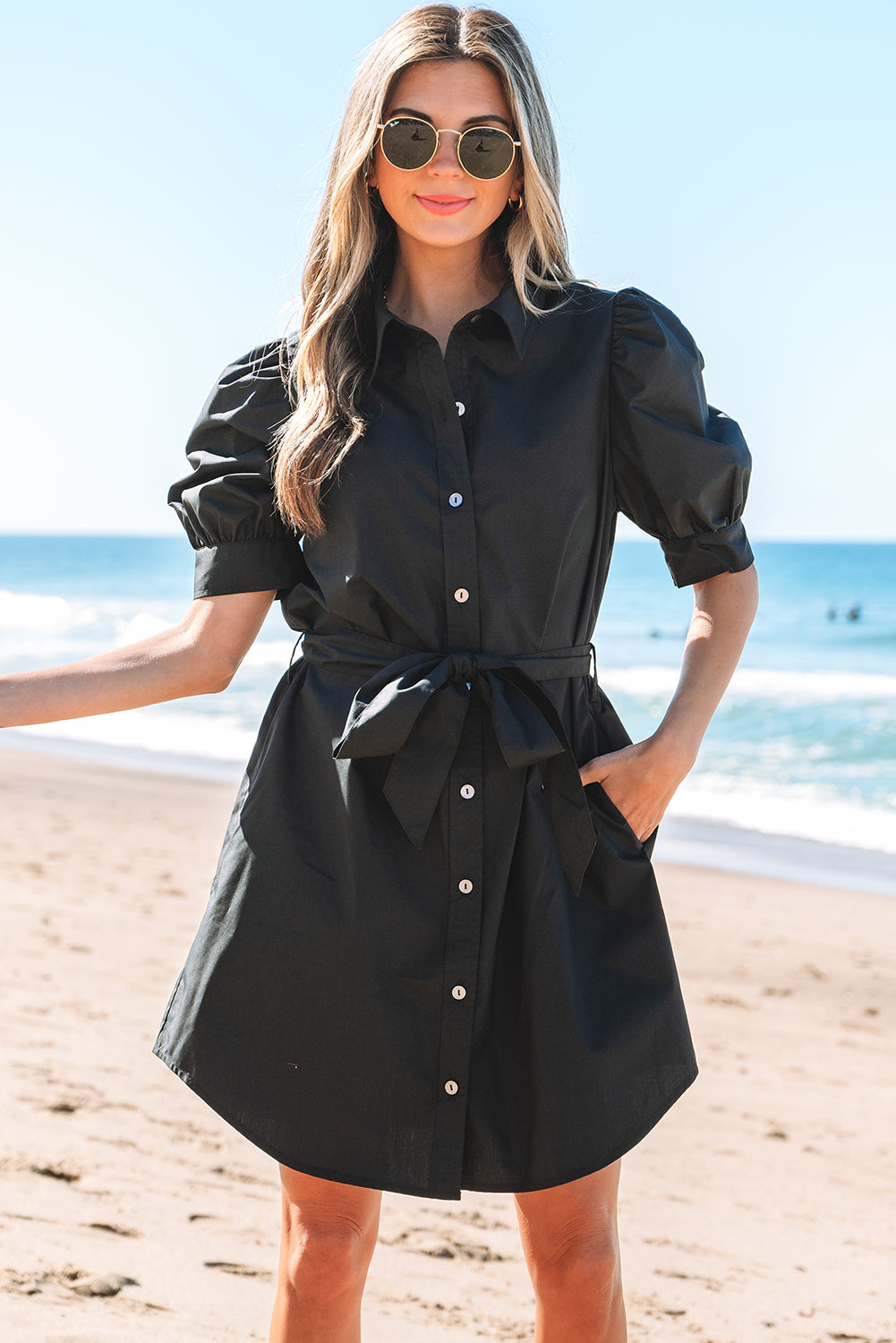 Black Button Up Tie Waist Mini Dress