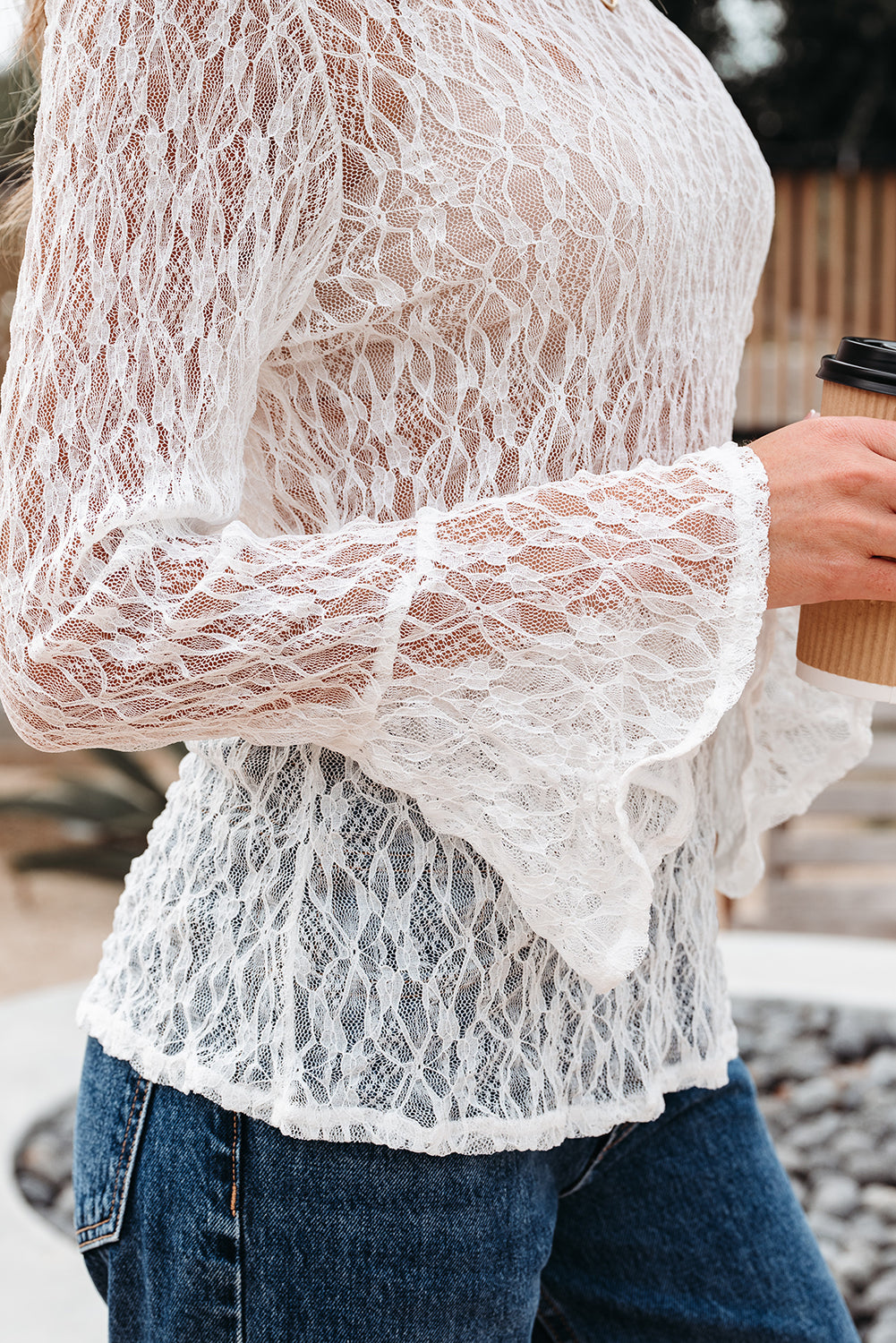 White Sheer Lace Bell Blouse