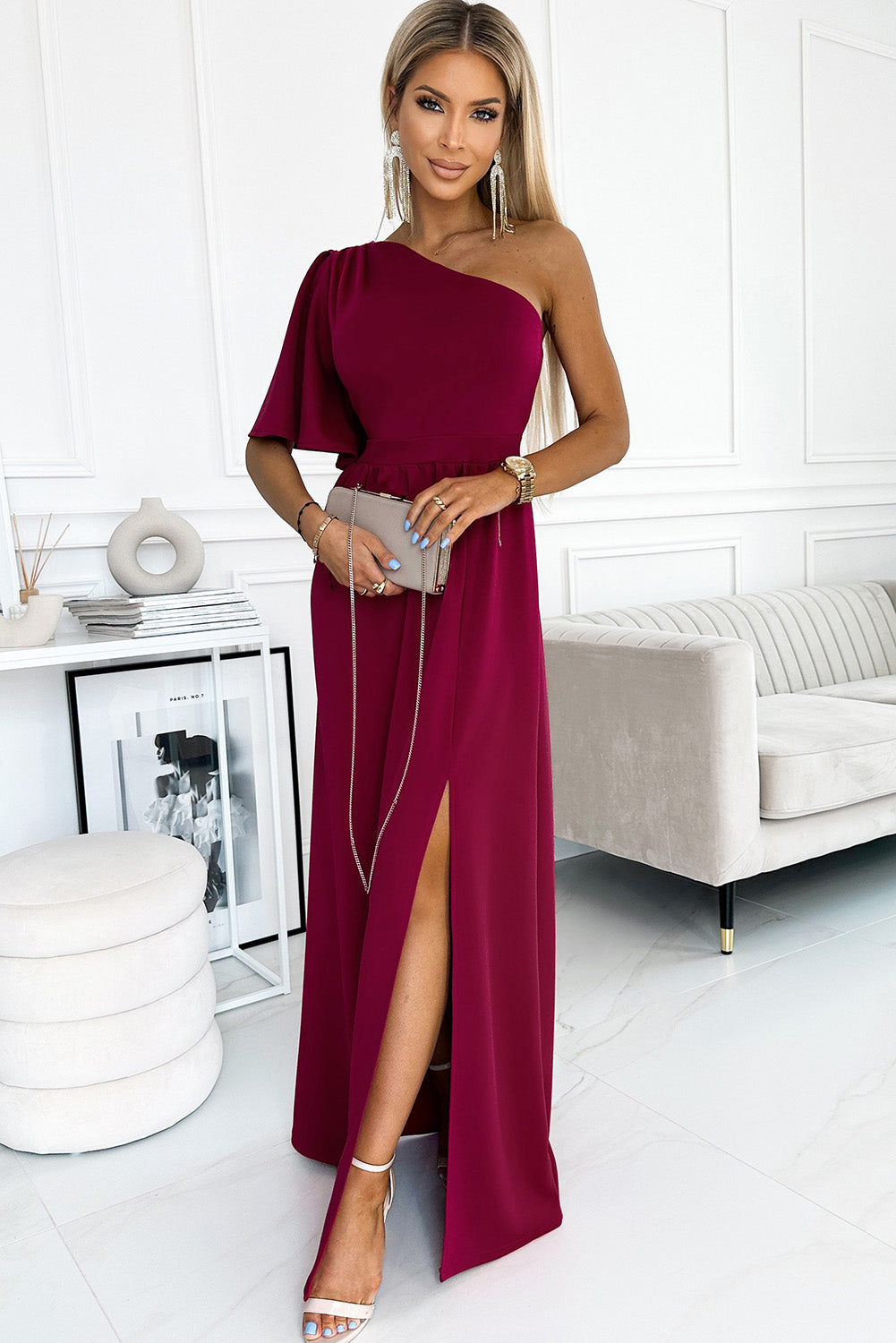 Burgundy One Shoulder Evening Dress