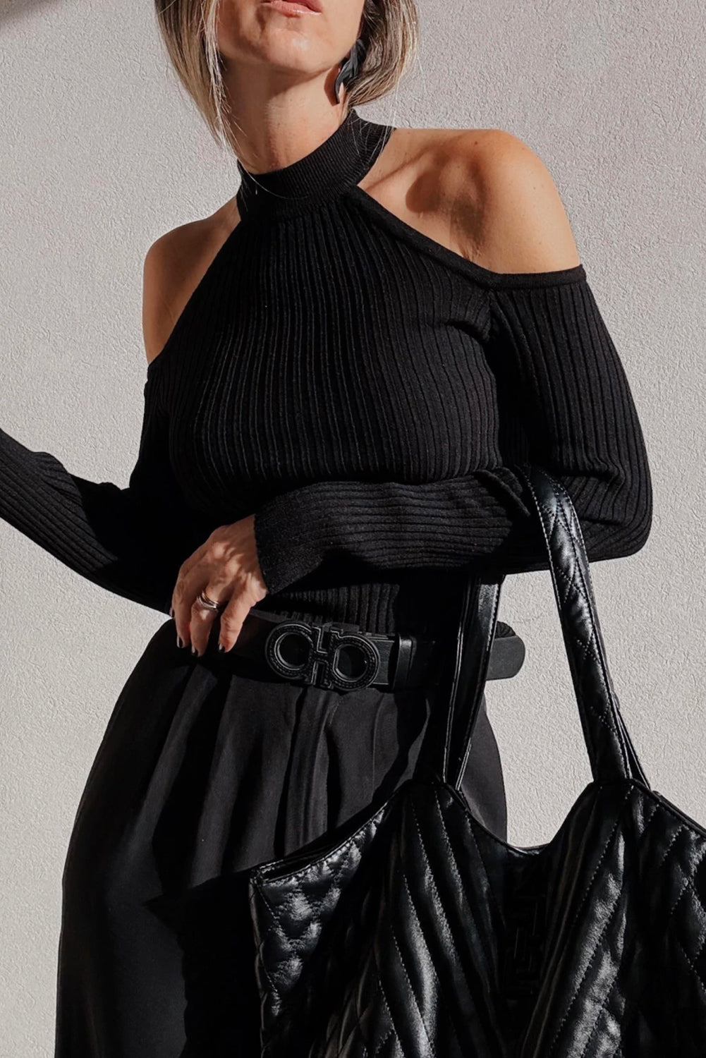 Black Ribbed Cold Shoulder Sweater