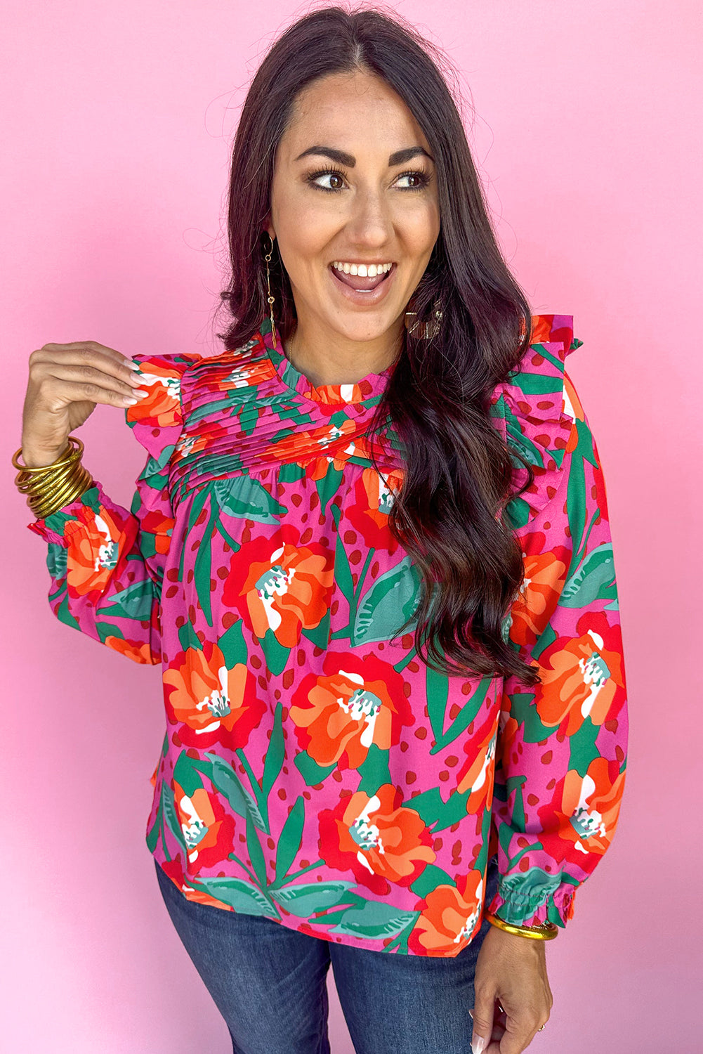 Rose Floral Print Plus Size Blouse