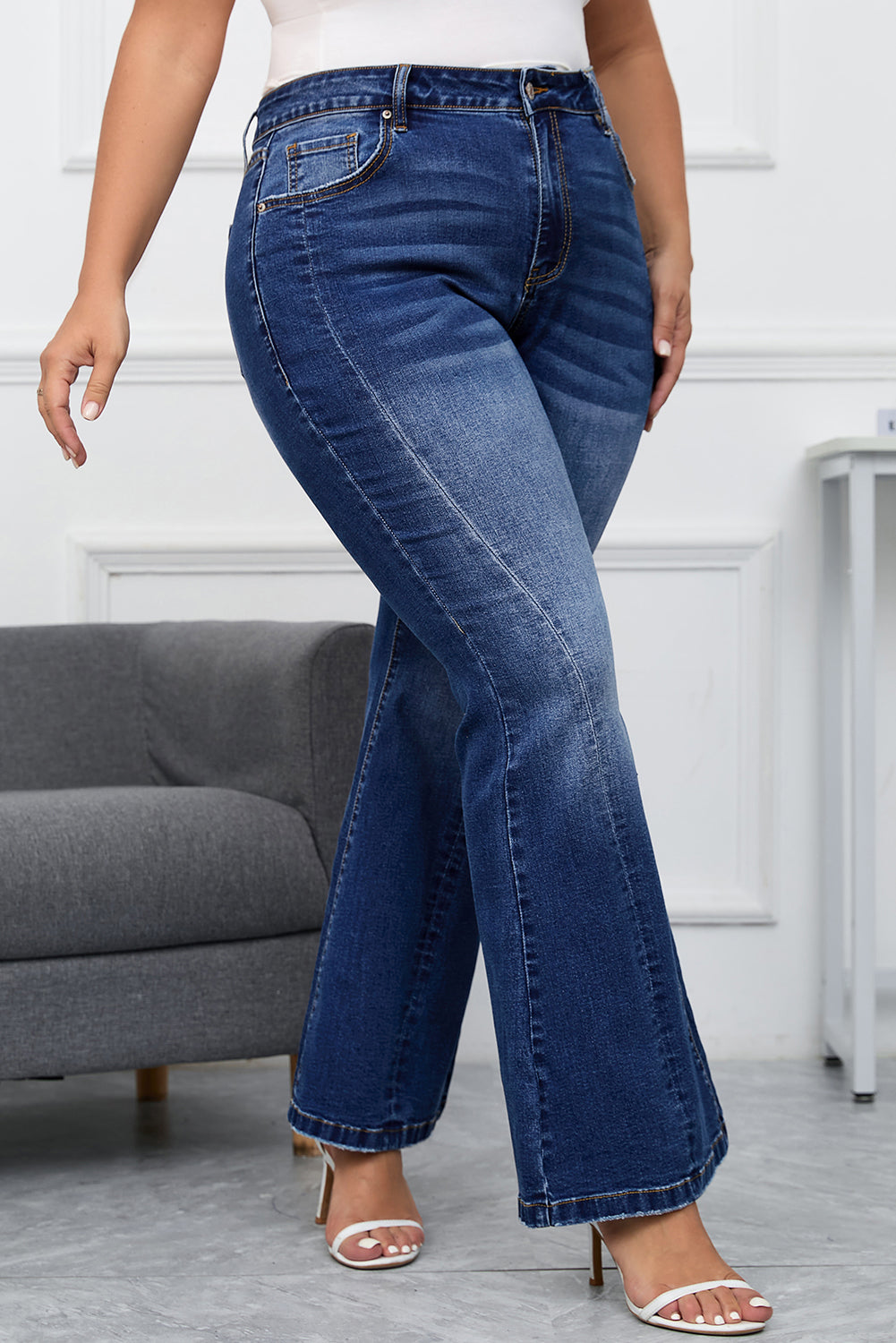 Dark Blue Plus Size Washed Flare Jeans