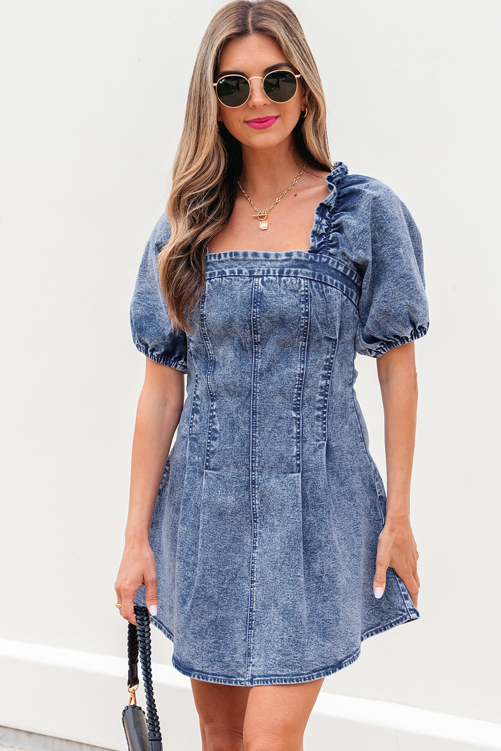 Blue Square Neck Short Denim Dress