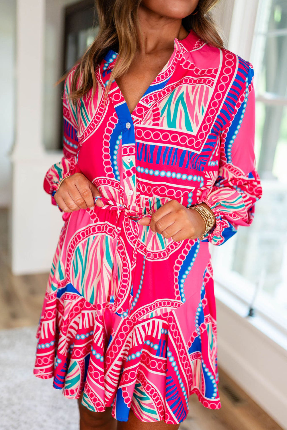 Rose Boho Abstract Ruffled Mini Dress