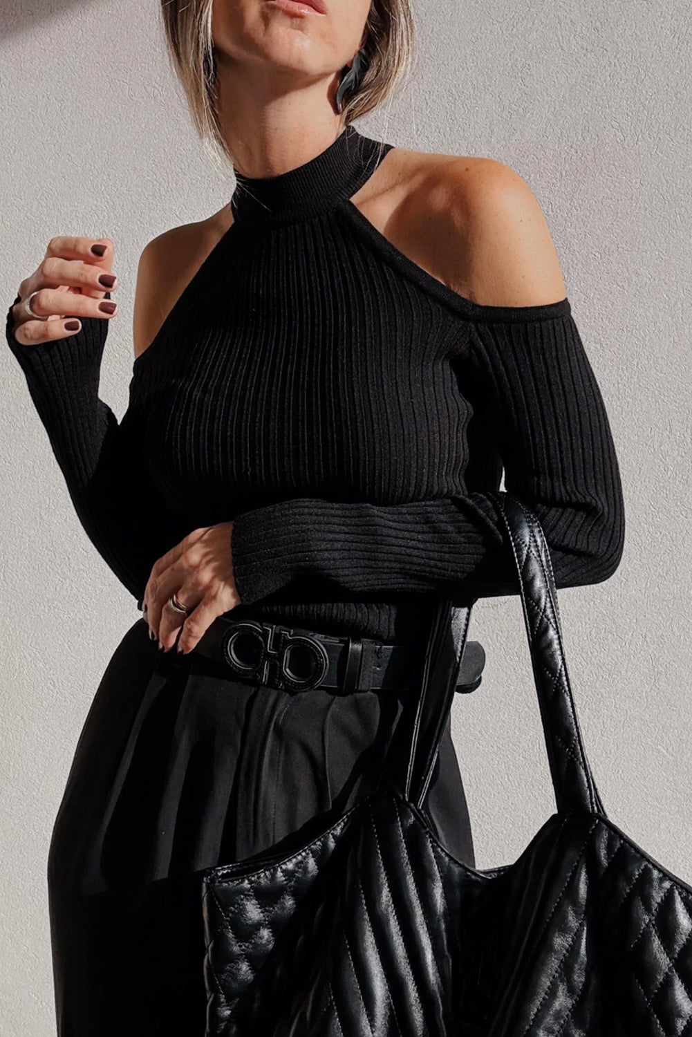 Black Ribbed Cold Shoulder Sweater
