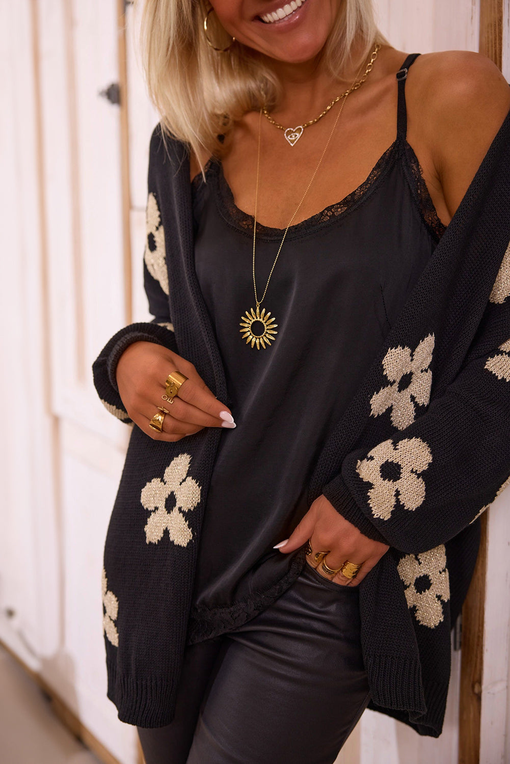 Black Floral Print Knitted Cardigan