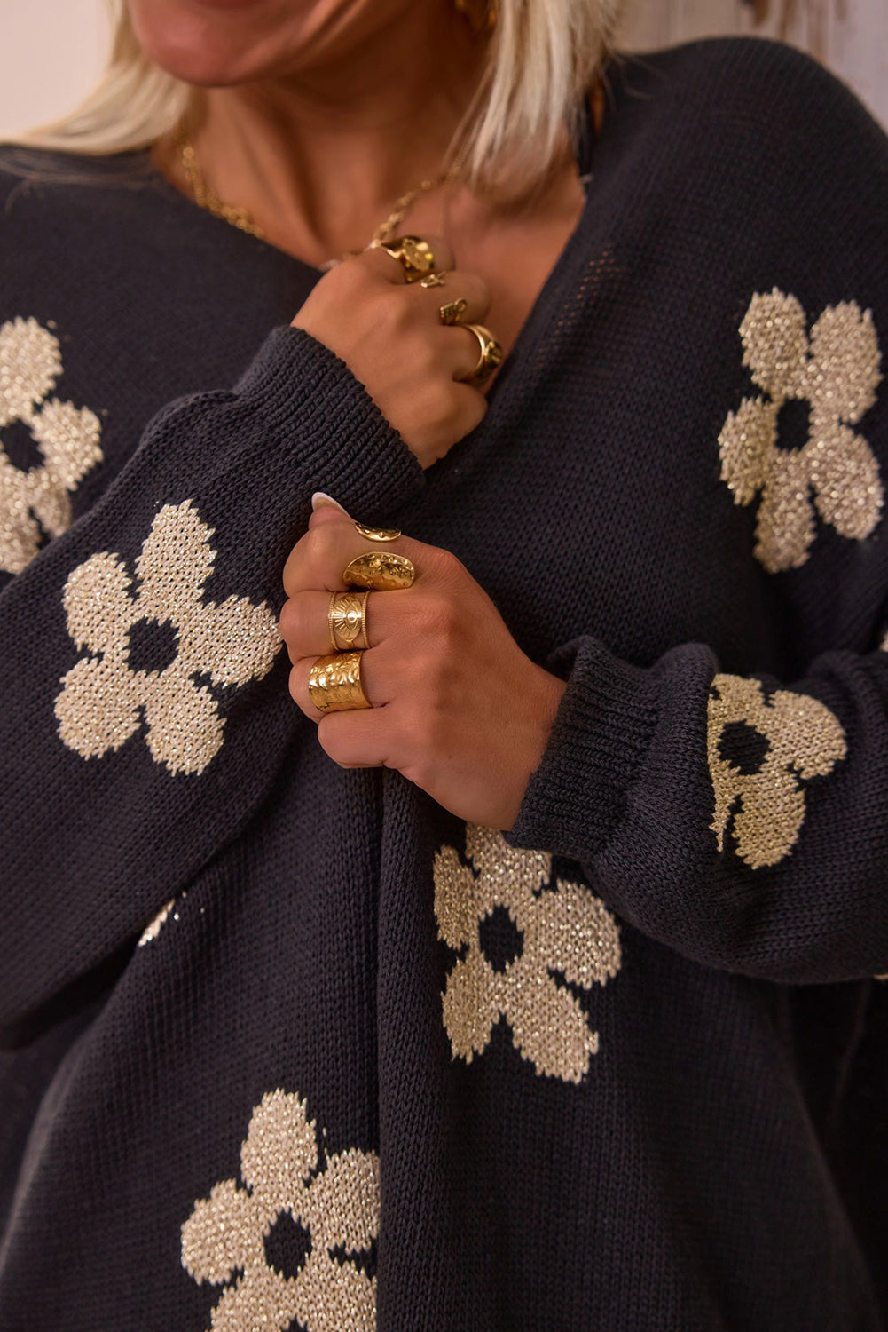 Black Floral Print Knitted Cardigan