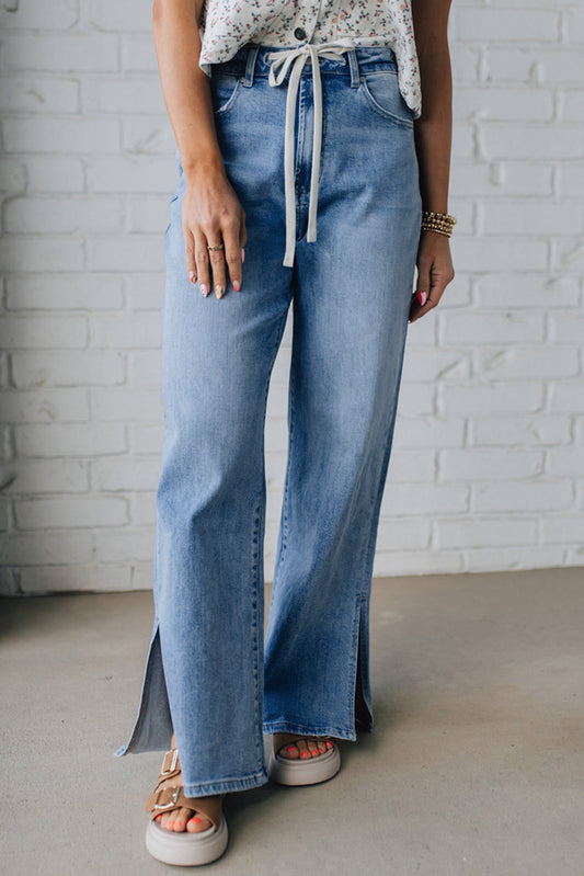 Blue High Rise Drawstring Jeans