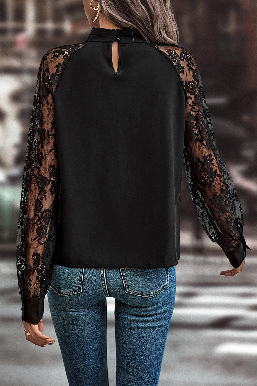 Black Keyhole Lace Sleeve Blouse