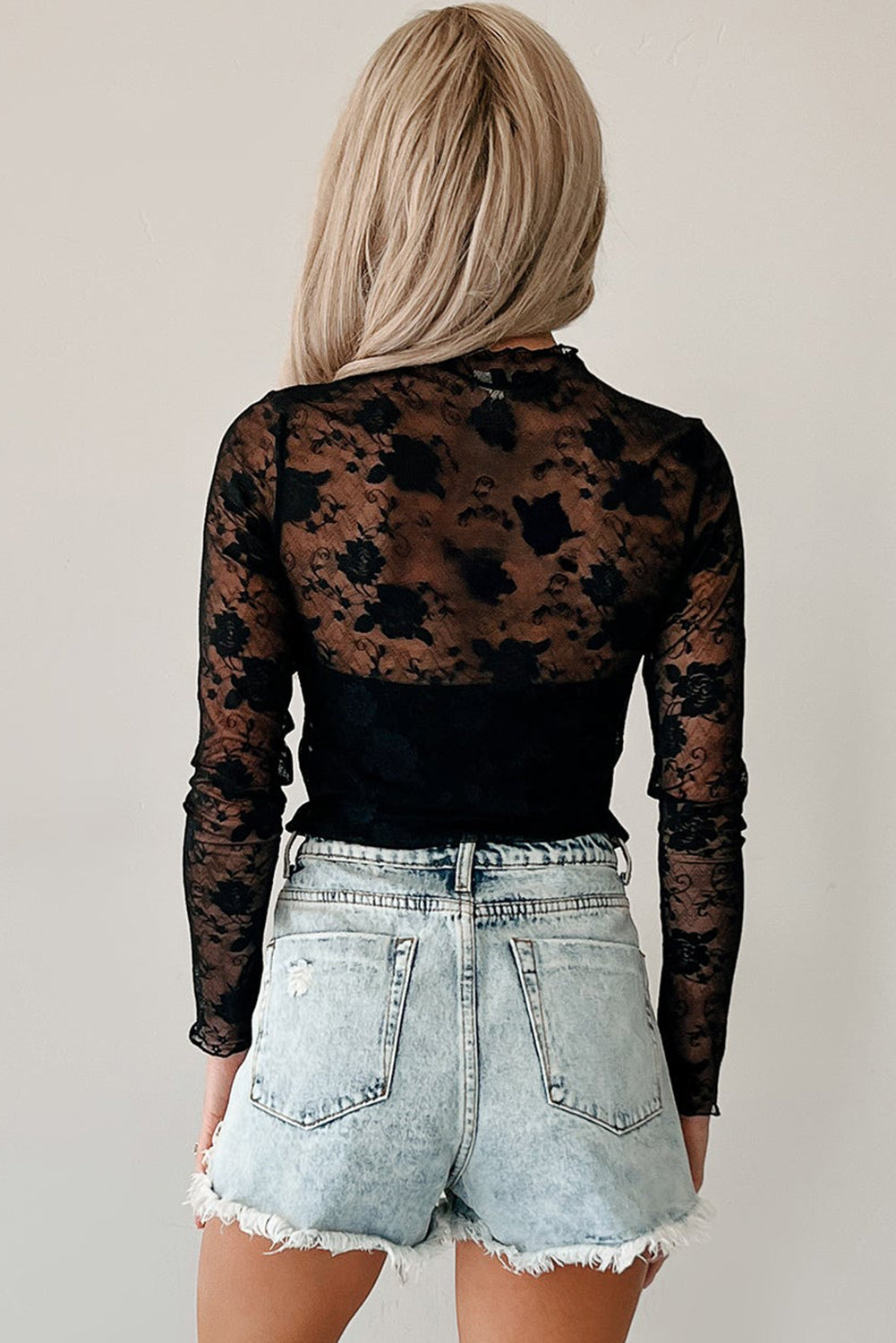 Black Sheer Floral Lace Long Sleeve Top
