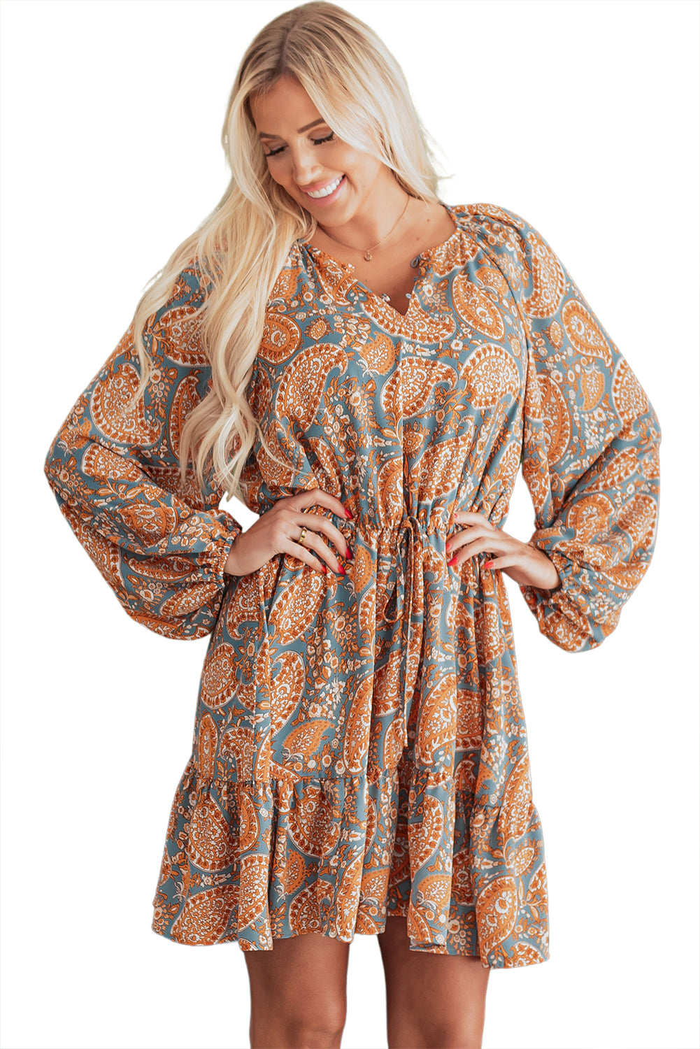 Orange Paisley Drawstring Mini Dress