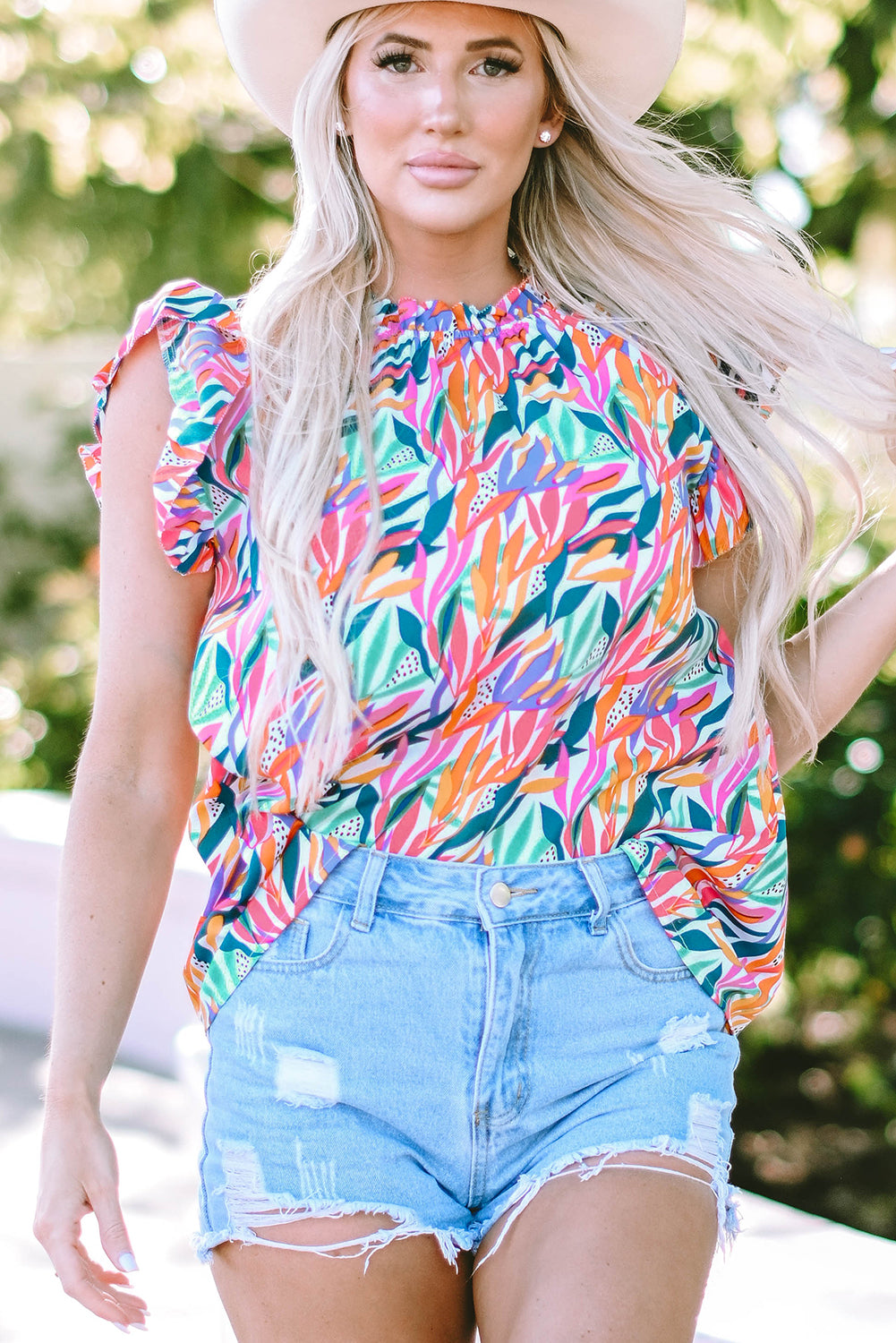 Pink Floral Print Flutter Sleeve Blouse
