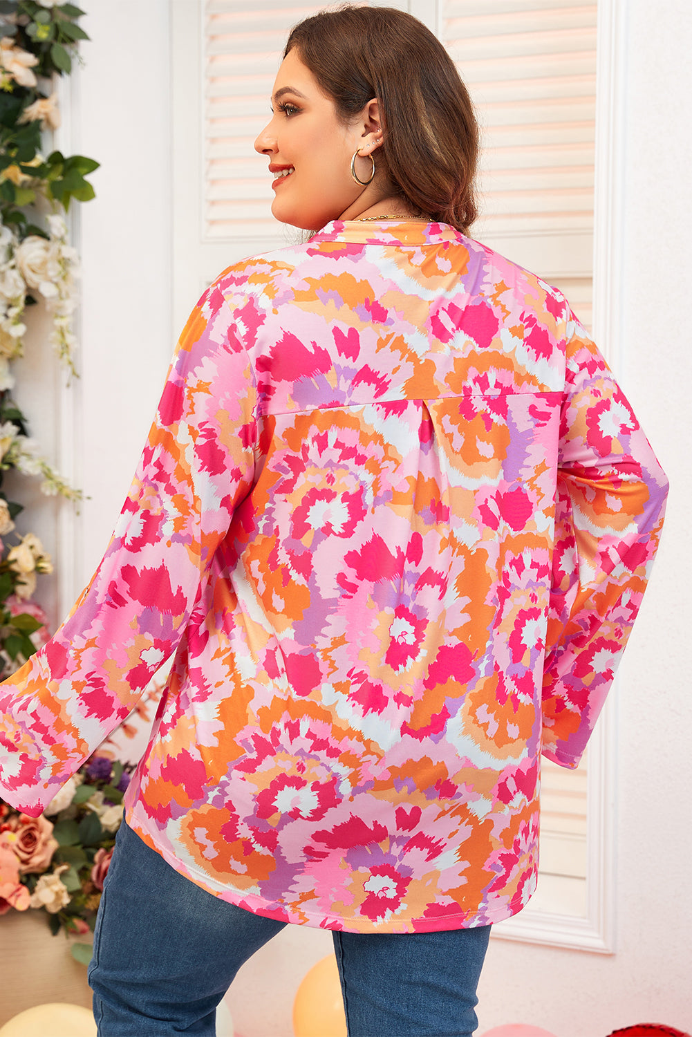 Pink Plus Size Abstract Floral Print Blouse