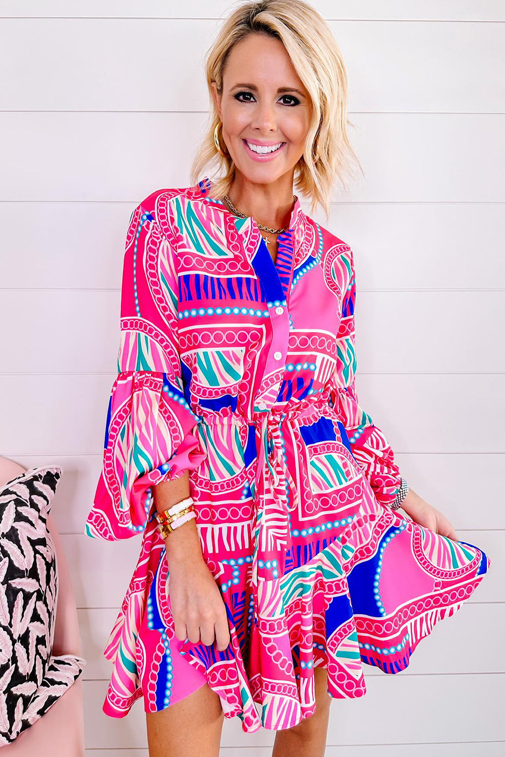 Rose Boho Abstract Ruffled Mini Dress