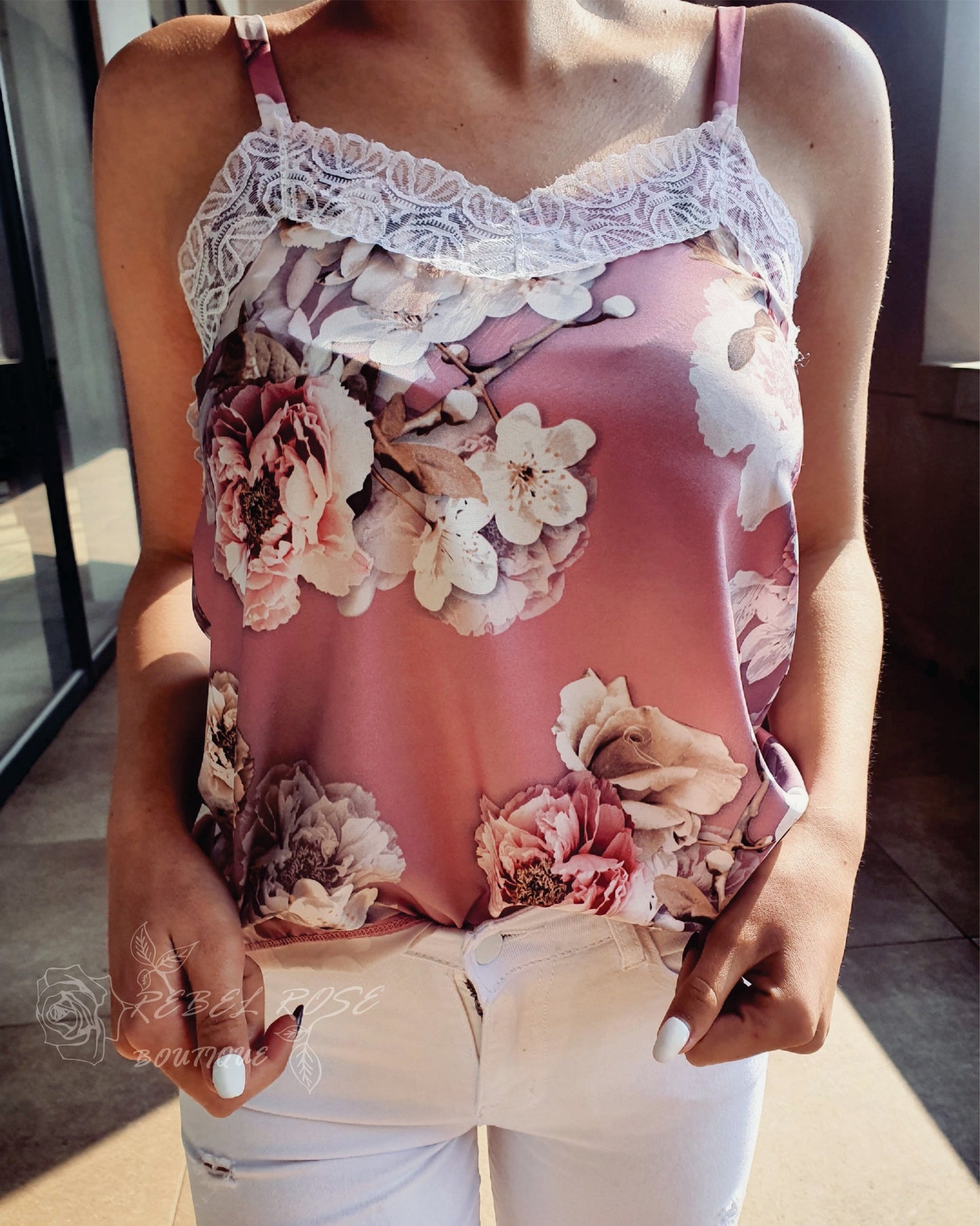Pink floral lace cami