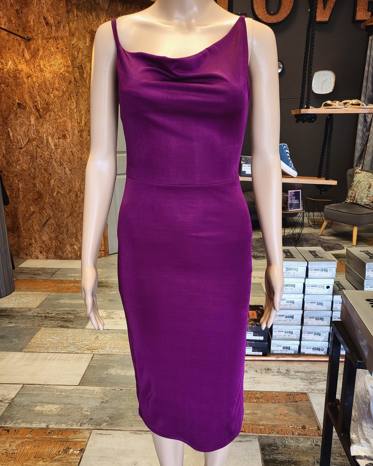 Aubergine cowl midi dress