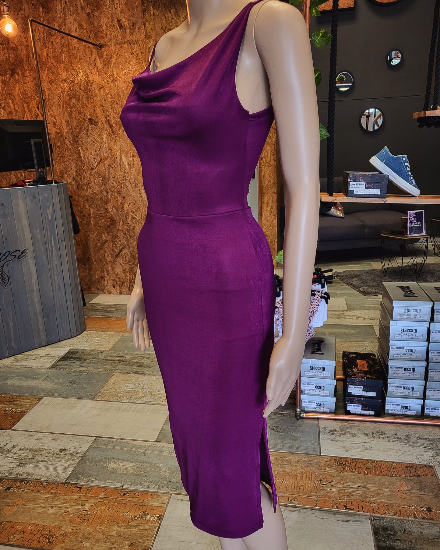 Aubergine cowl midi dress