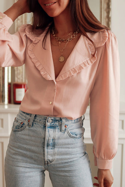 Pink Frilled Lapel Puff Sleeve Shirt