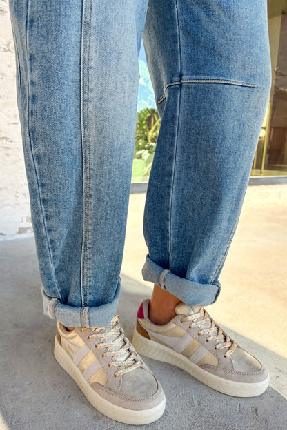 Sky Blue Cuffed Barrel Jeans