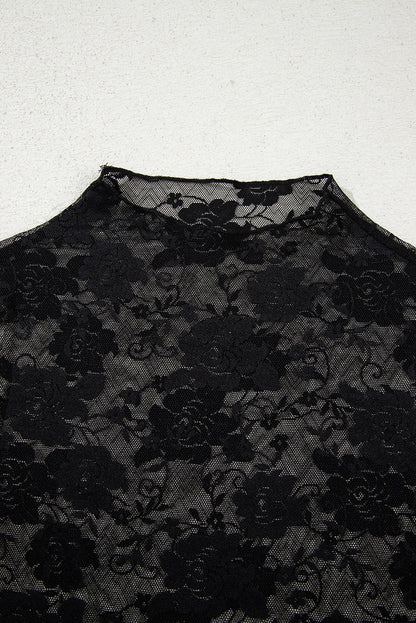 Black Sheer Floral Lace Long Sleeve Top