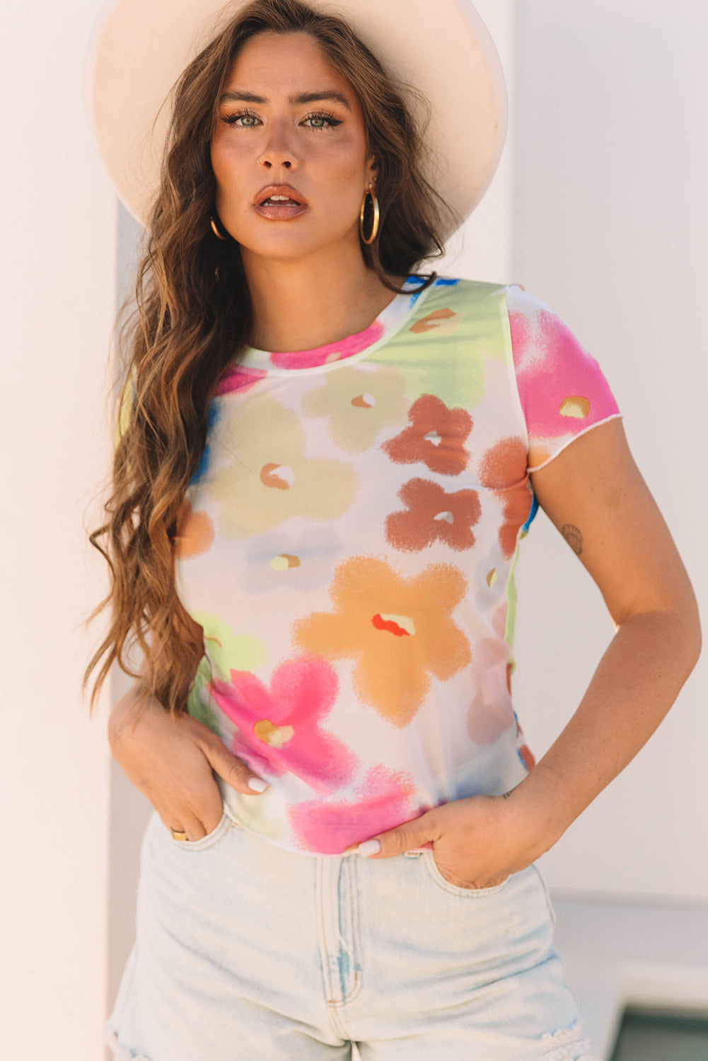 Multicolour Floral Mesh Crop T Shirt