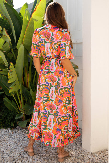 Rose Summer Print Ruffled Asymmetric Maxi Dress