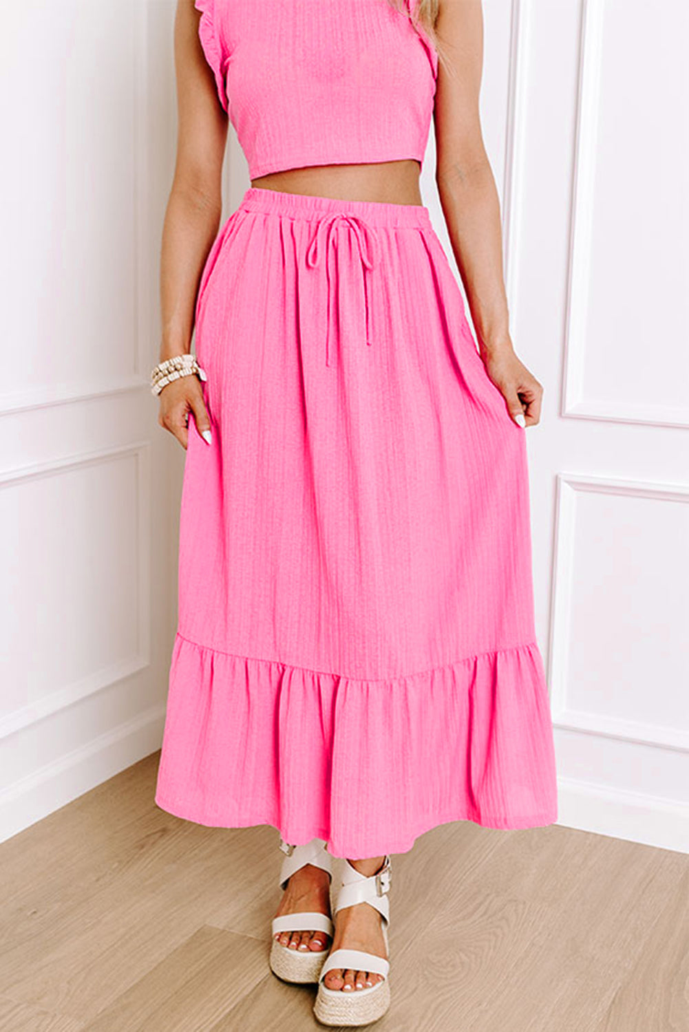 Pink Ruffle Trim Crop & Long Skirt Set