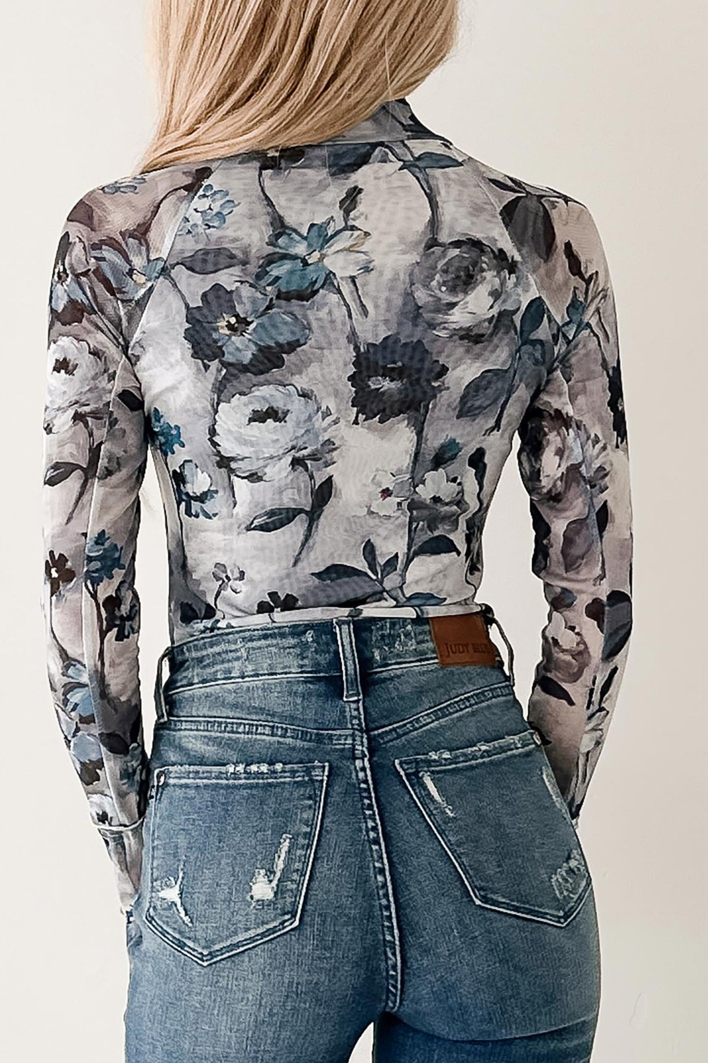 Sky Blue Floral Mesh Long Sleeve Top