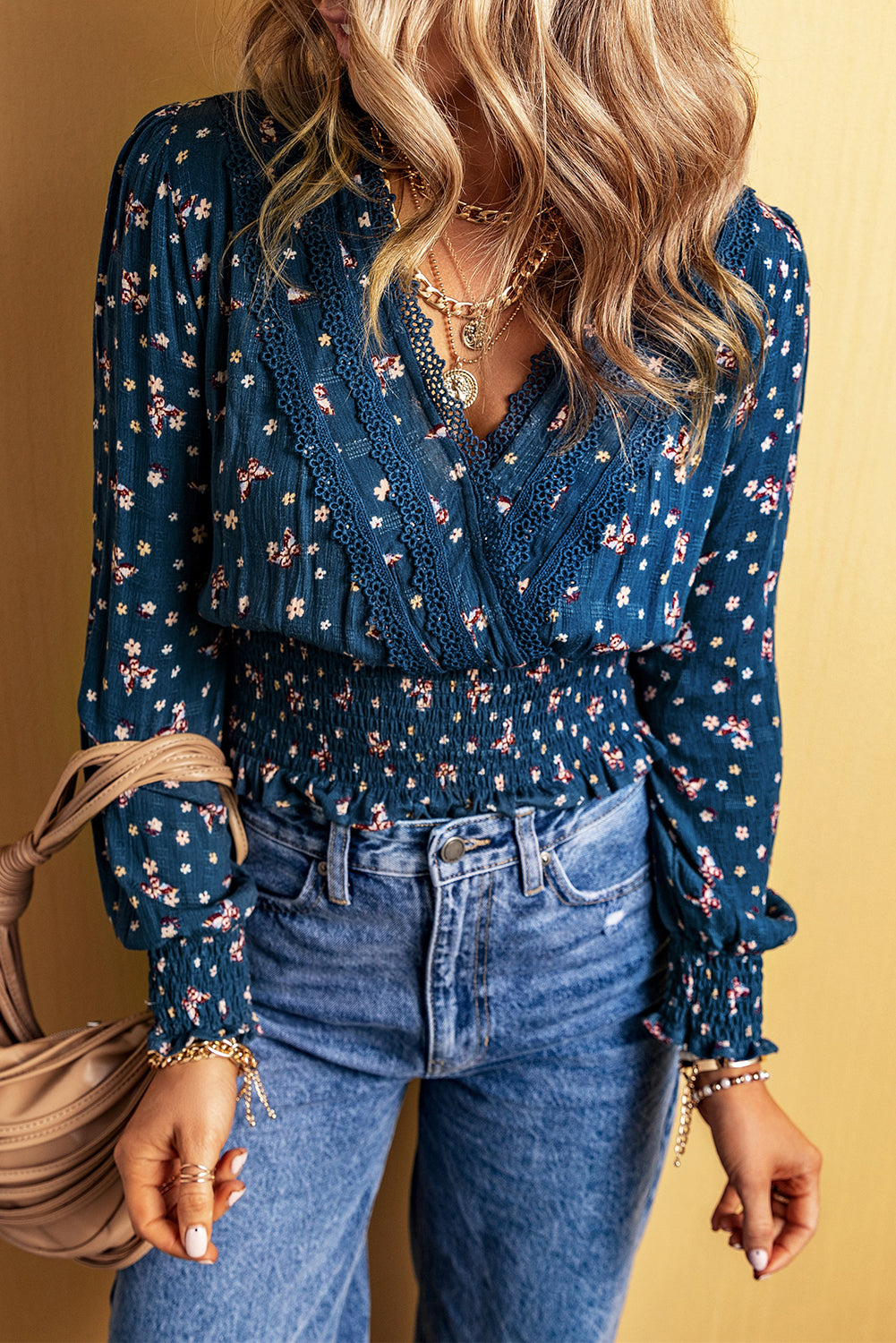 Blue Lace Floral Smocked Blouse