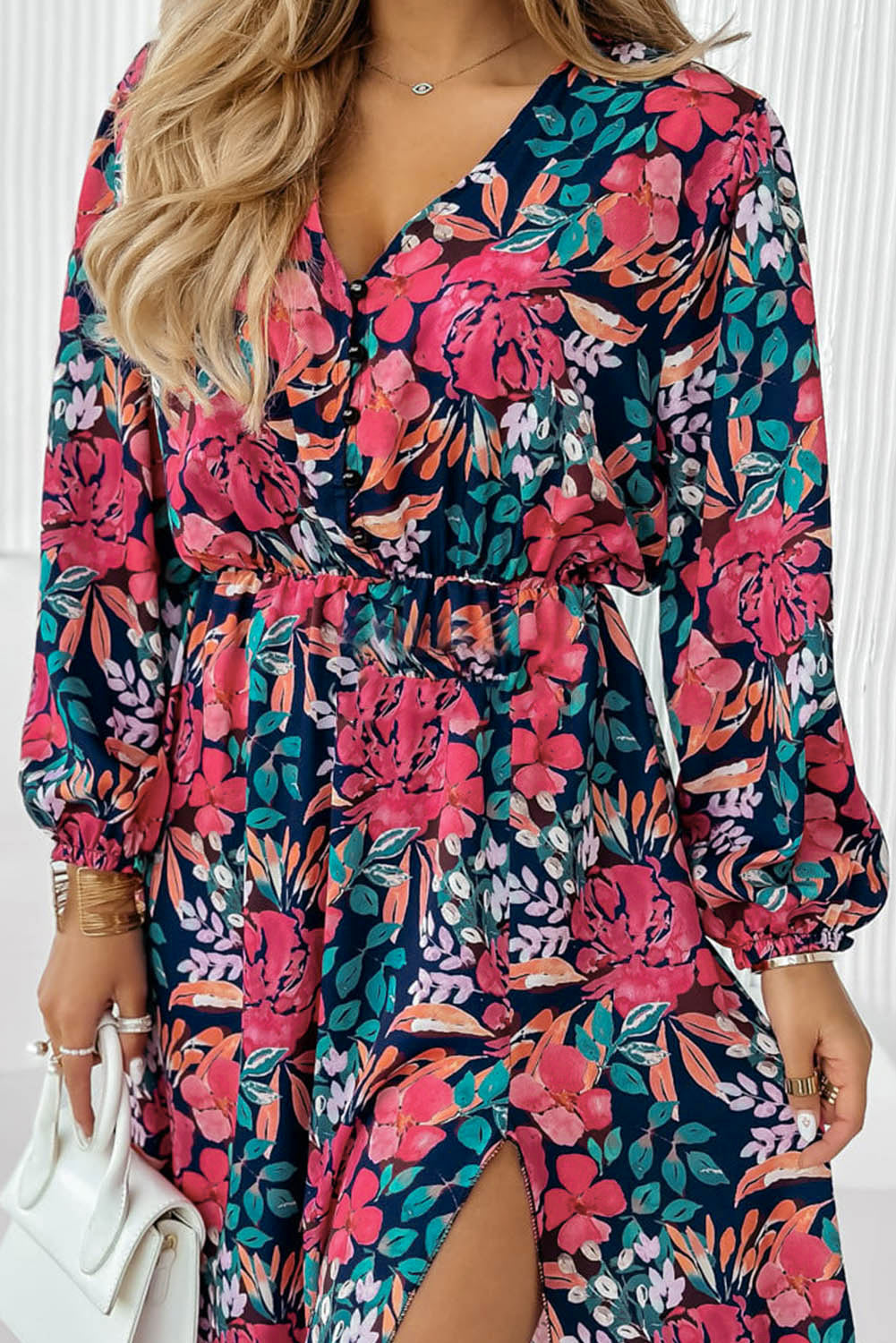 Floral V Neck High Waist Dress