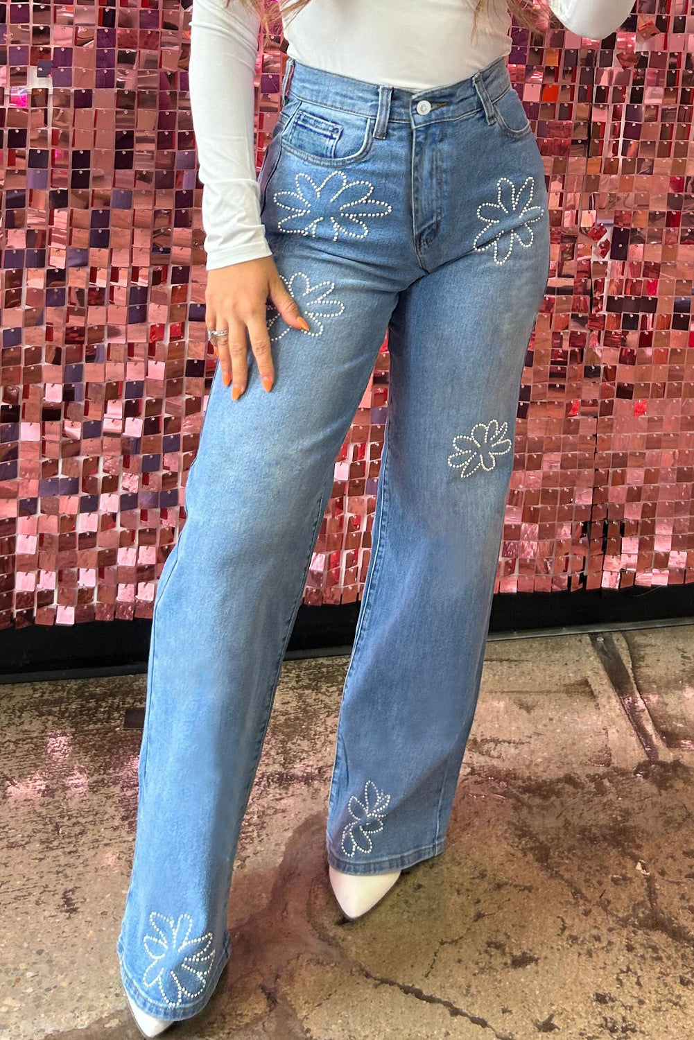 Light Blue Floral Rhinestone Wide Leg Jeans