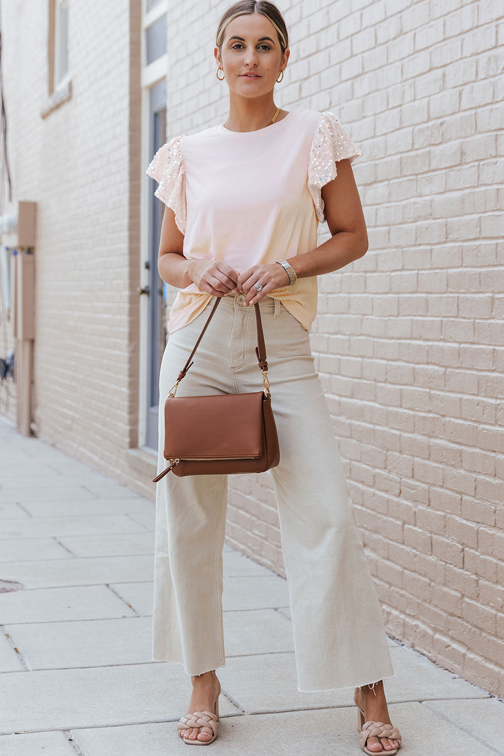 Pink Sequin Sleeves T-Shirt