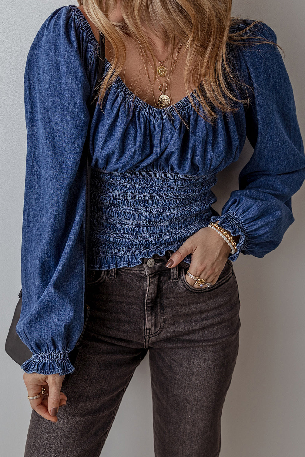 Dark Blue Smocked Denim Blouse