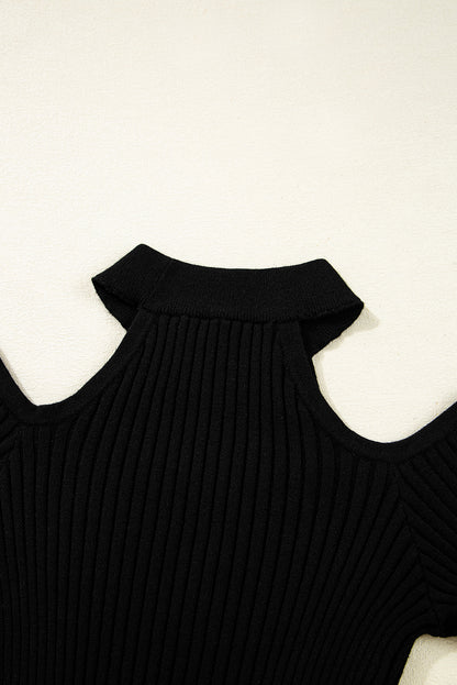 Black Ribbed Cold Shoulder Sweater