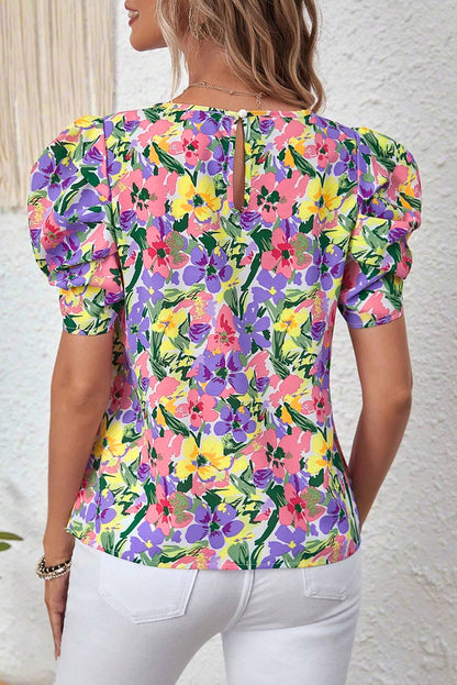 Purple Floral Short Sleeve Blouse