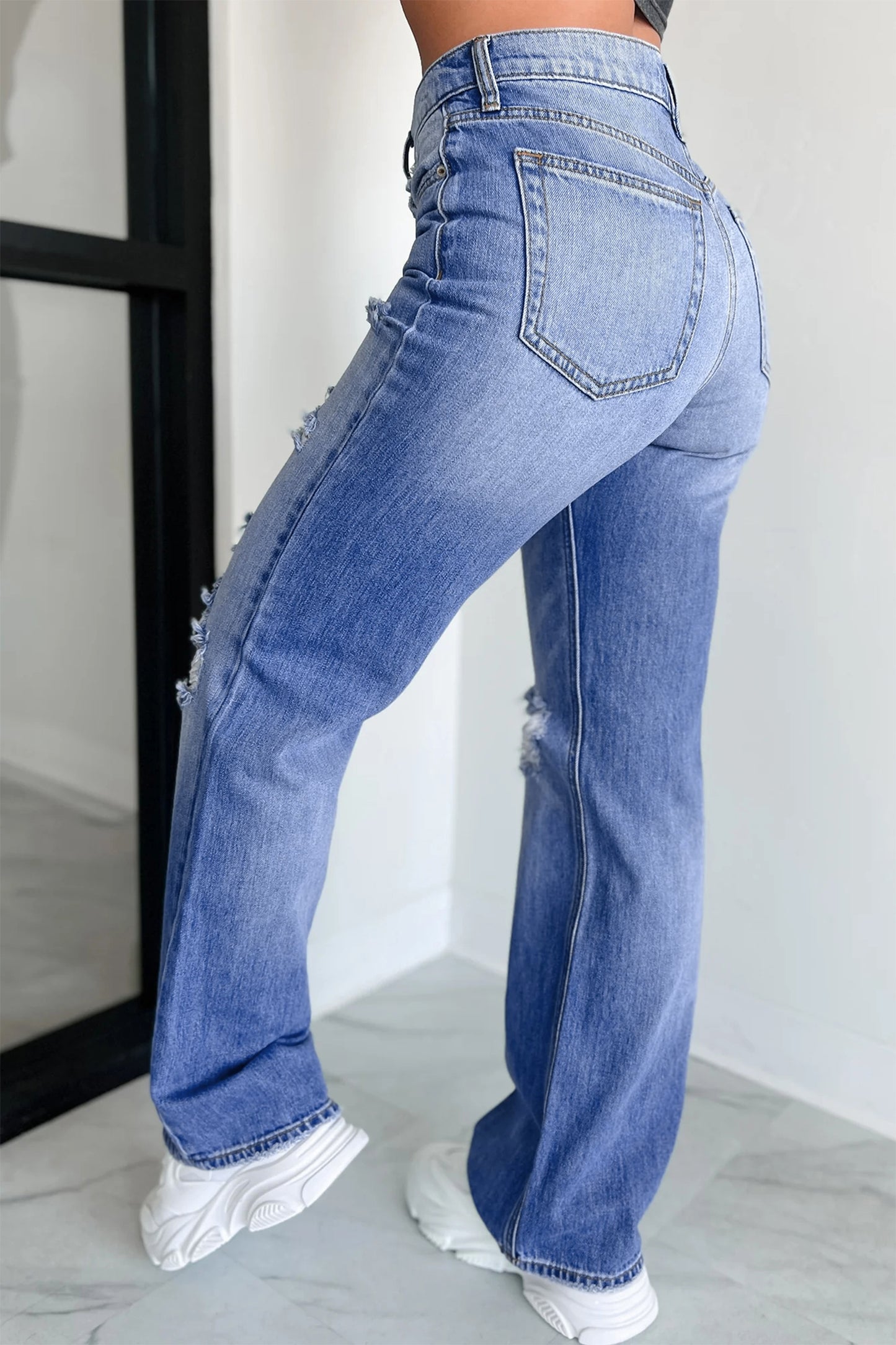 Blue Mid Rise Straight Leg Jeans