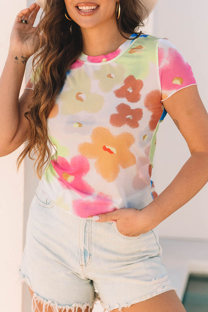 Multicolour Floral Mesh Crop T Shirt