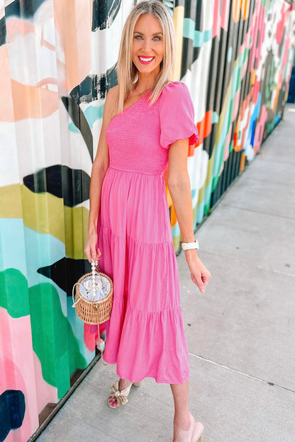 Strawberry Pink Asymmetric Tiered Midi Dress