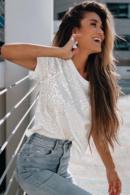 White Sequin Casual T Shirt
