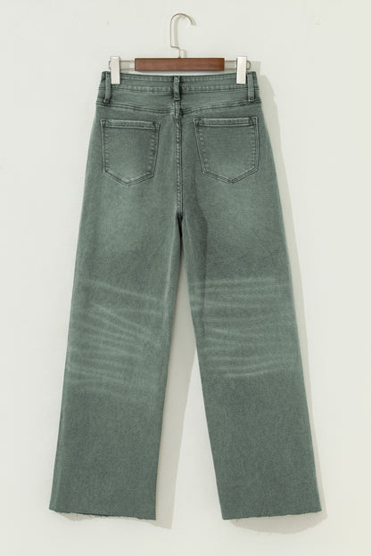 Green Washed Raw Edge Wide Leg Jeans