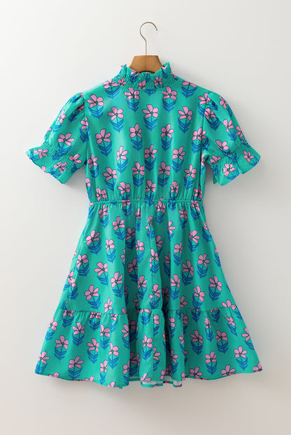 Green Floral Frill High Waist Mini Dress